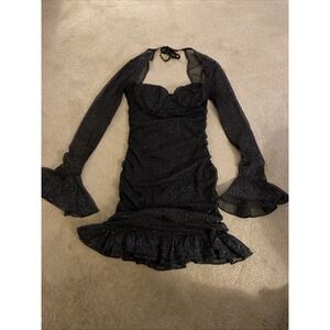 WINDSOR "KRISTY" GLITTER MINI BODYCON DRESS SHEER RUFFLED CUFFS‎ SIZE L